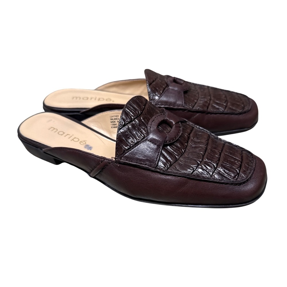 Maripe Jennifer Brown Leather Croc Embossed Mules Loafer Slides Womens‎ 7.5 M